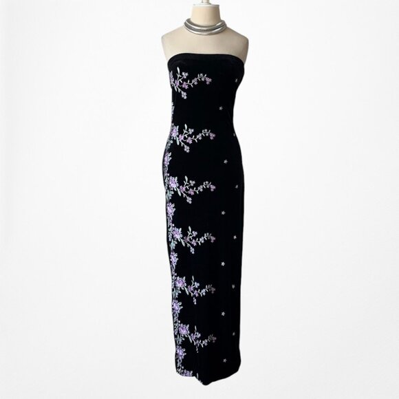 Vintage Black Strapless Velvet Floral Embroidered Maxi Bodycon Slit Dress S/M/L - Picture 5 of 9
